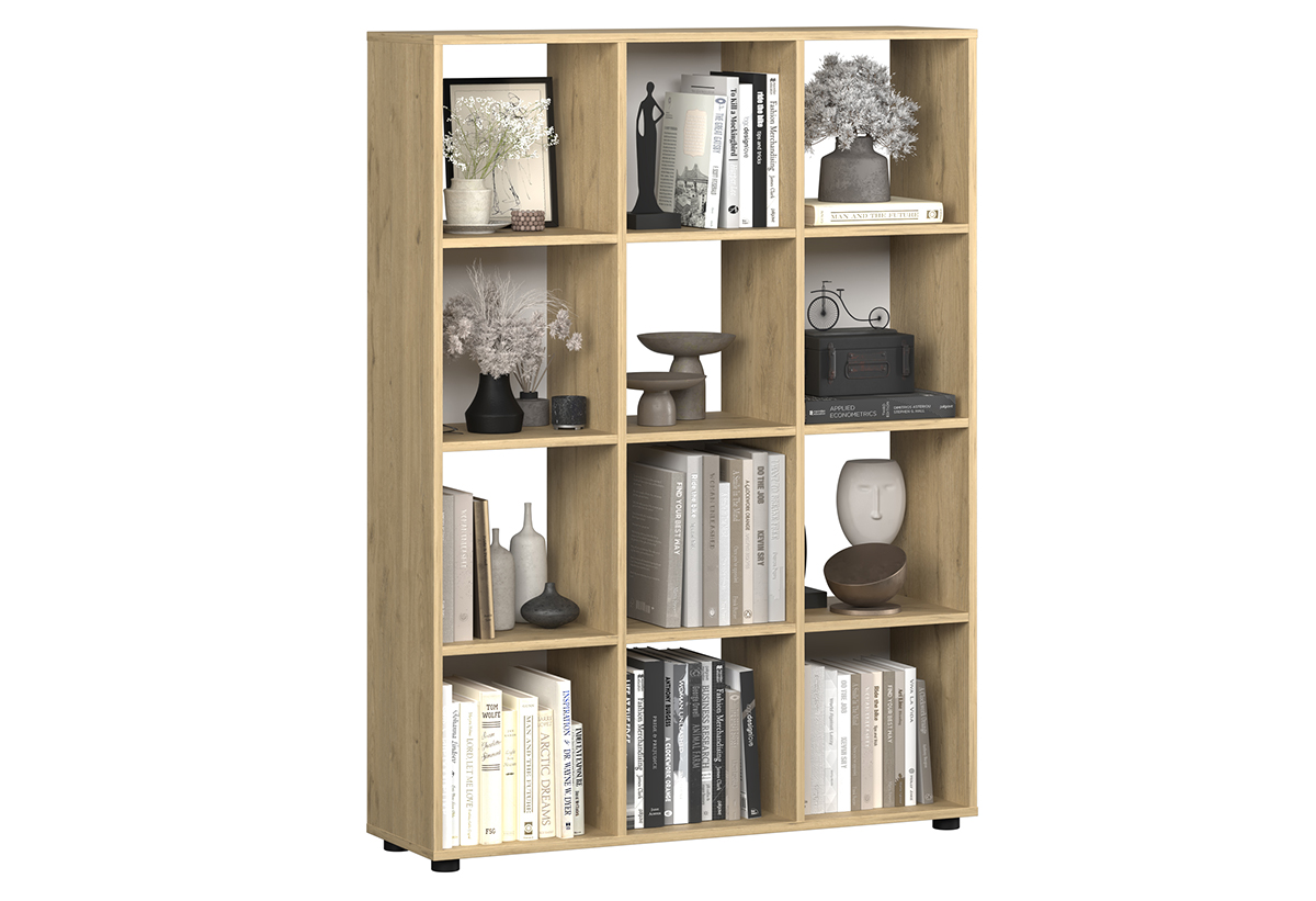 Απεικονίζεται η βιβλιοθήκη γεμάτη με κουτιά αποθήκευσης, βιβλία και διακοσμητικά.